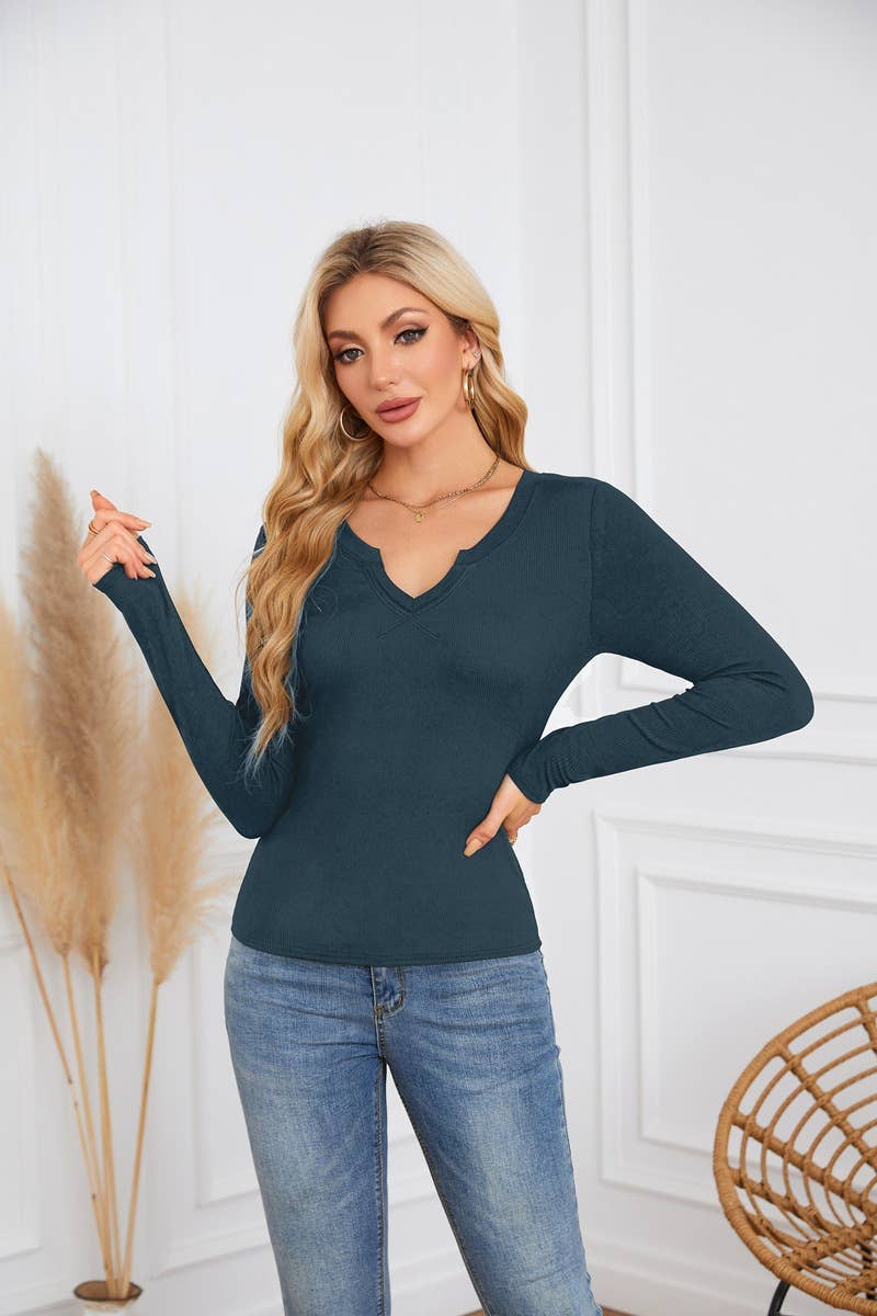 Long sleeve jumper with deep U neck and cross neckline