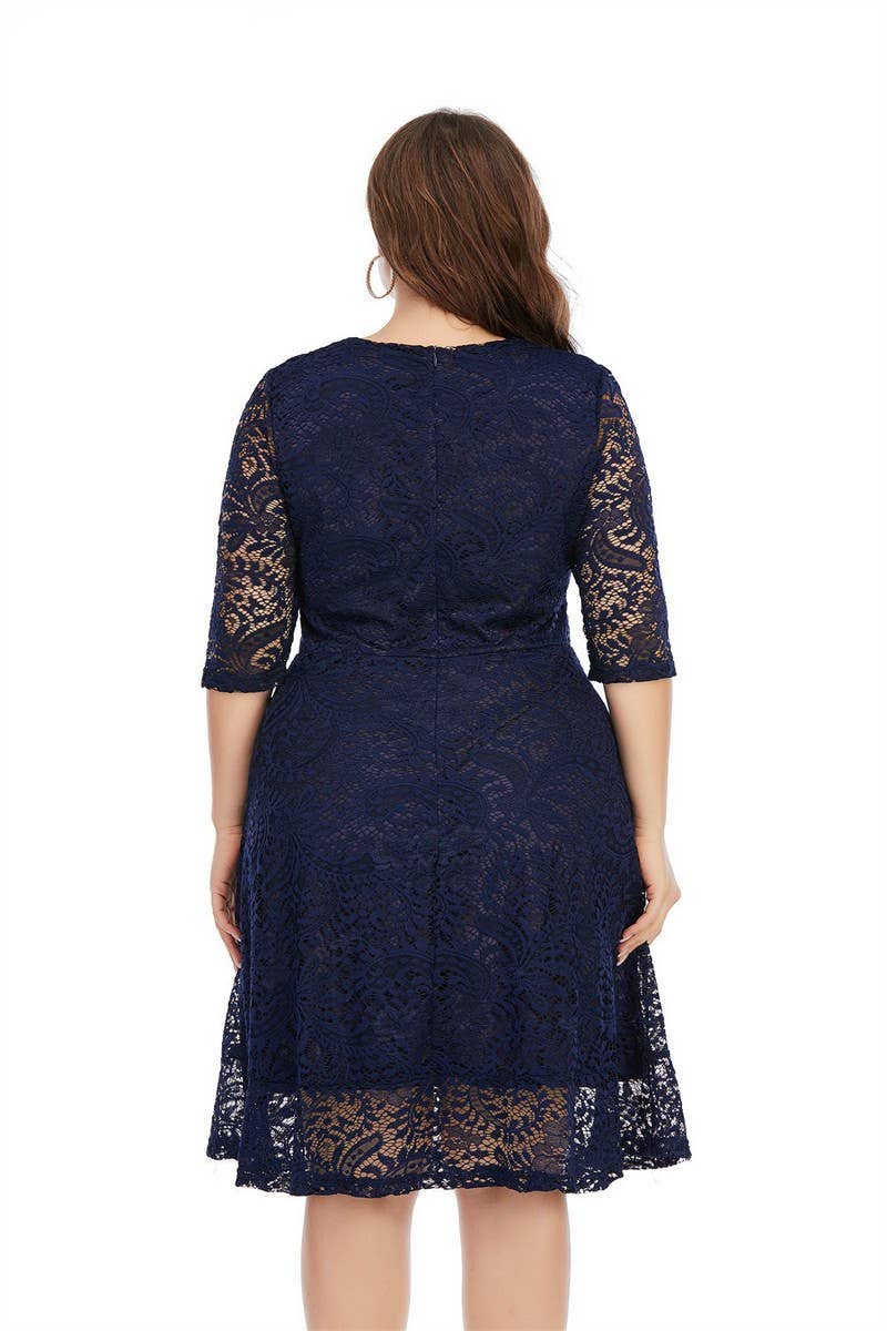 CWDSD5552_PLUS SIZE ROUND NECK LACE MIDI DRESS