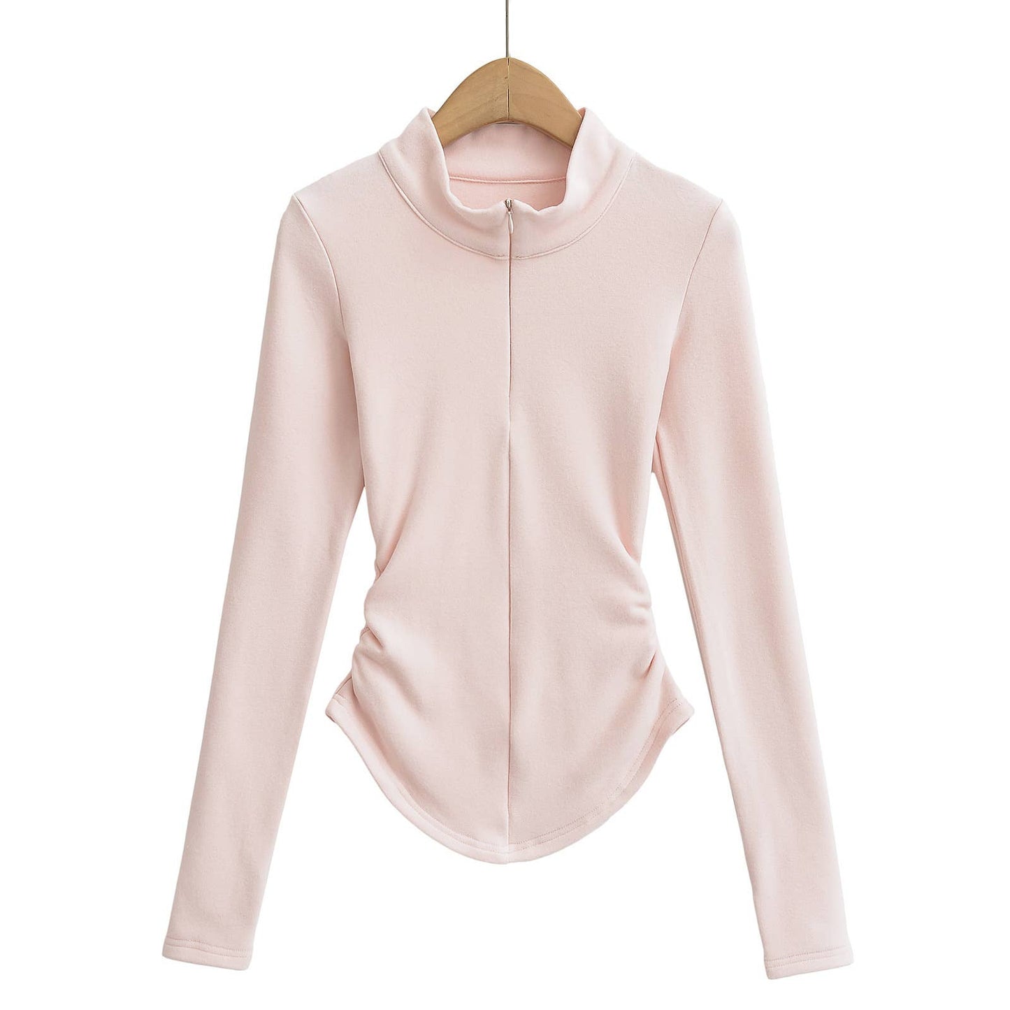 VELVET STAND COLLAR ZIPPER SOLID COLOR BASE SHIRT