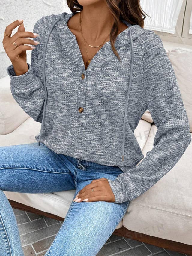 WAFFLE BUTTON-UP HOODIE LOOSE LONG-SLEEVED HOODIE