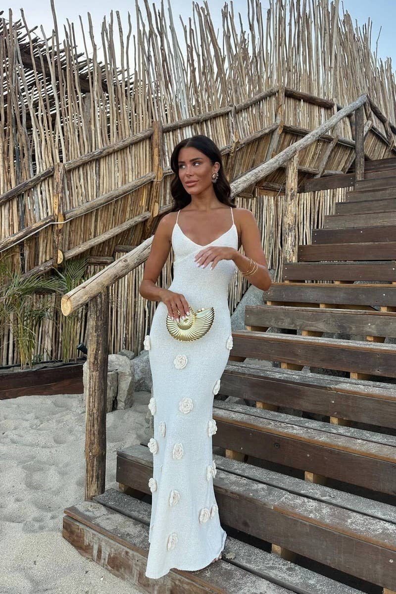 CWDMD4142_KNITTED EMBROIDERED SUSPENDER LONG DRESS