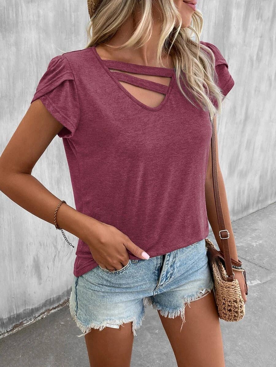 V-NECK LOOSE T-SHIRT WITH SPLICED PETAL SLEEVES
