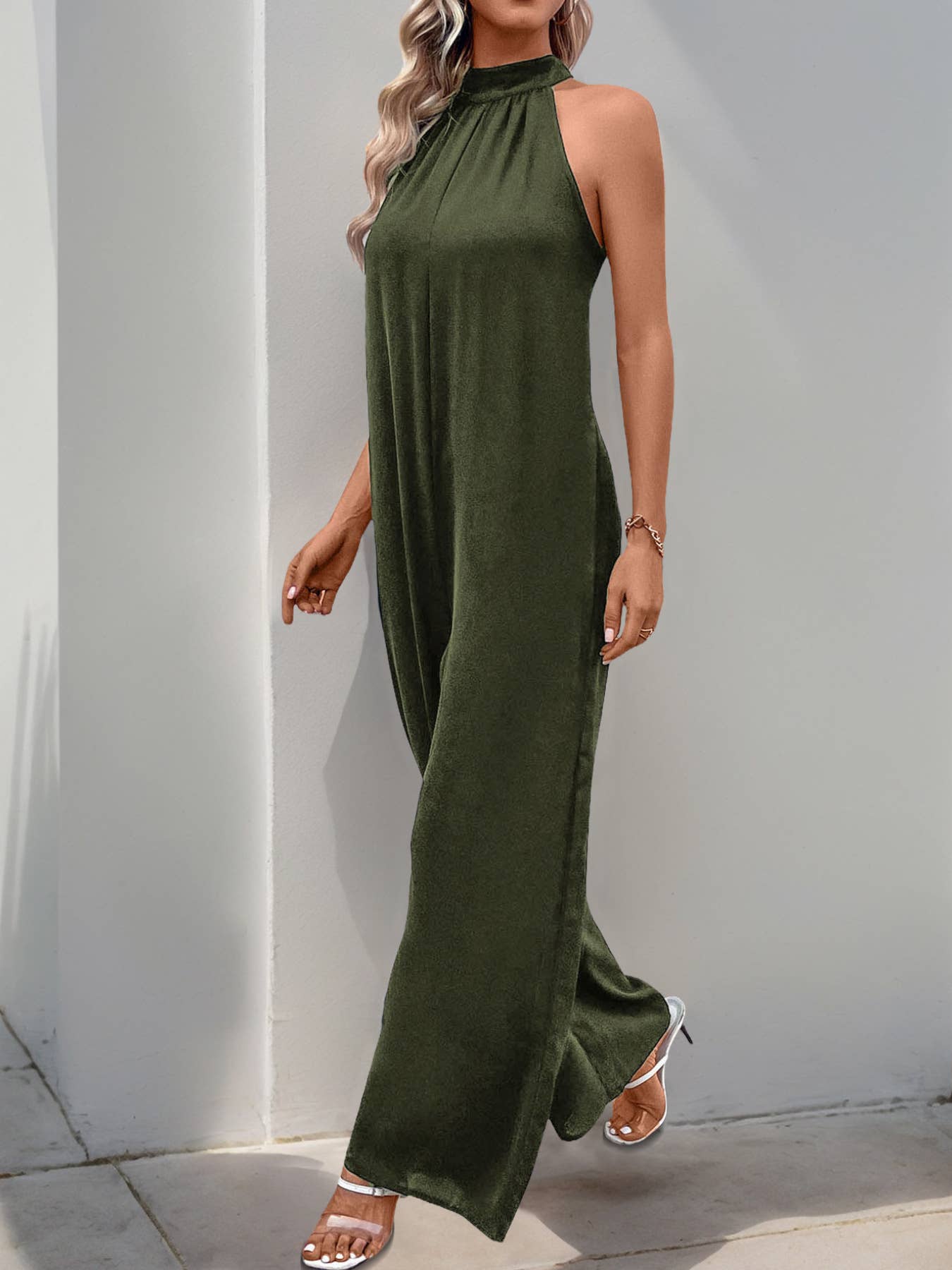 Solid color wide-leg romper with casual high neck