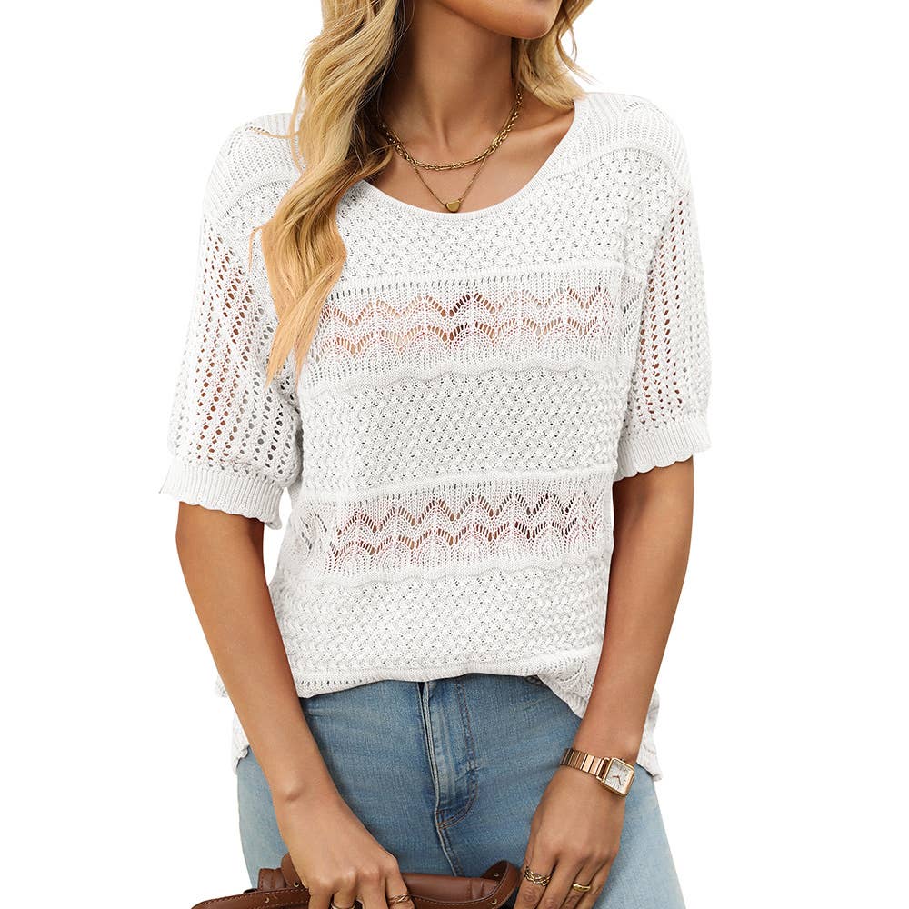 Round-neck hollowed-out knitted crochet top