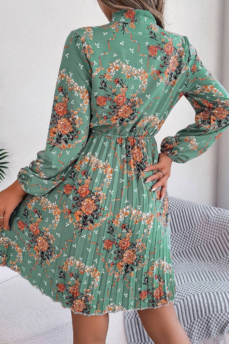 CWDSD6429_FLORAL LACE-UP LONG-SLEEVED PLEATED DRESS