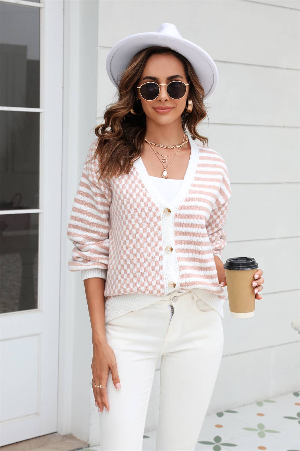 KNITTED PLAID PATCHWORK STRIPED CARDIGAN COAT