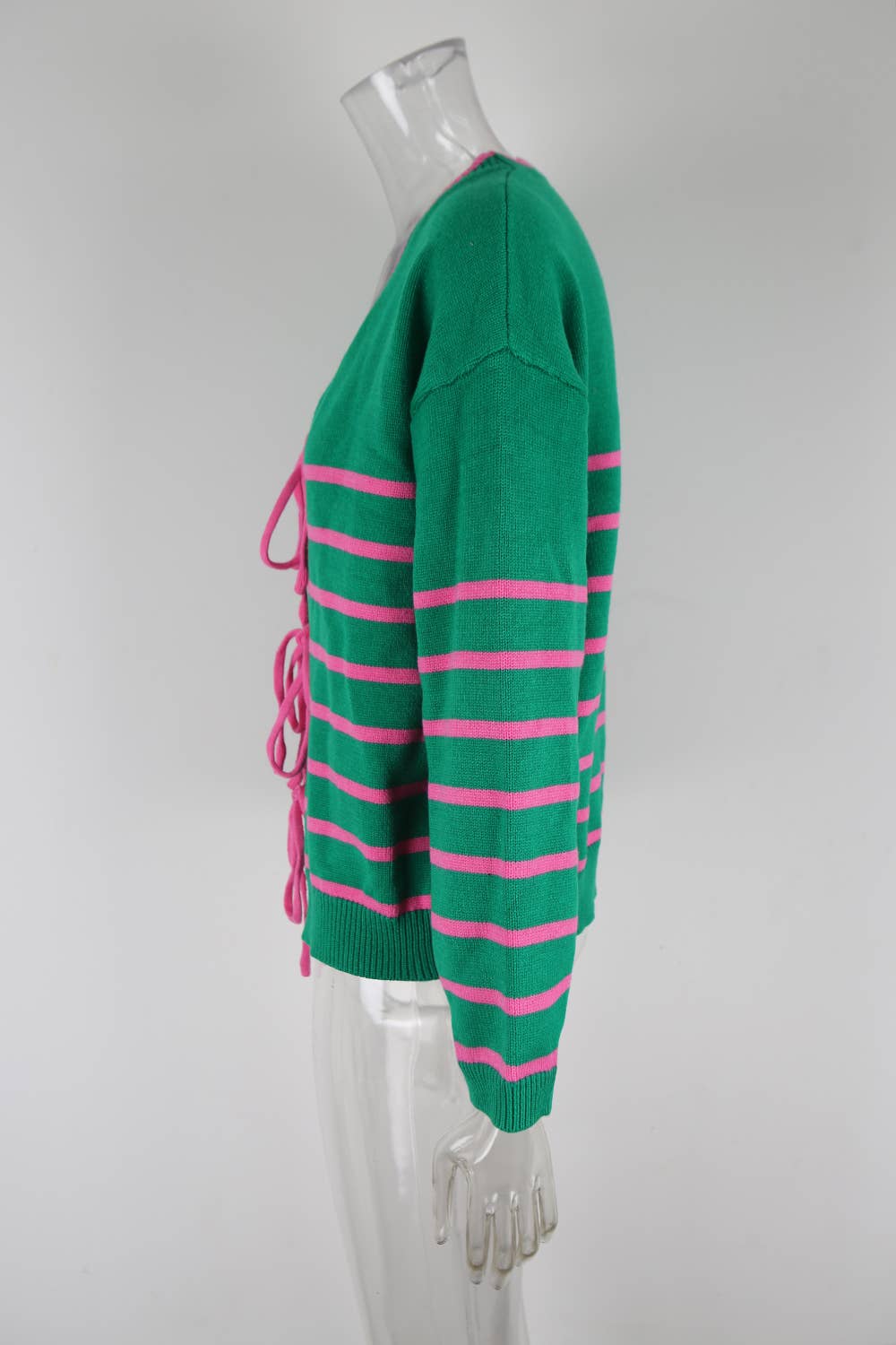 Striped color-blocked loose drawstring cardigan