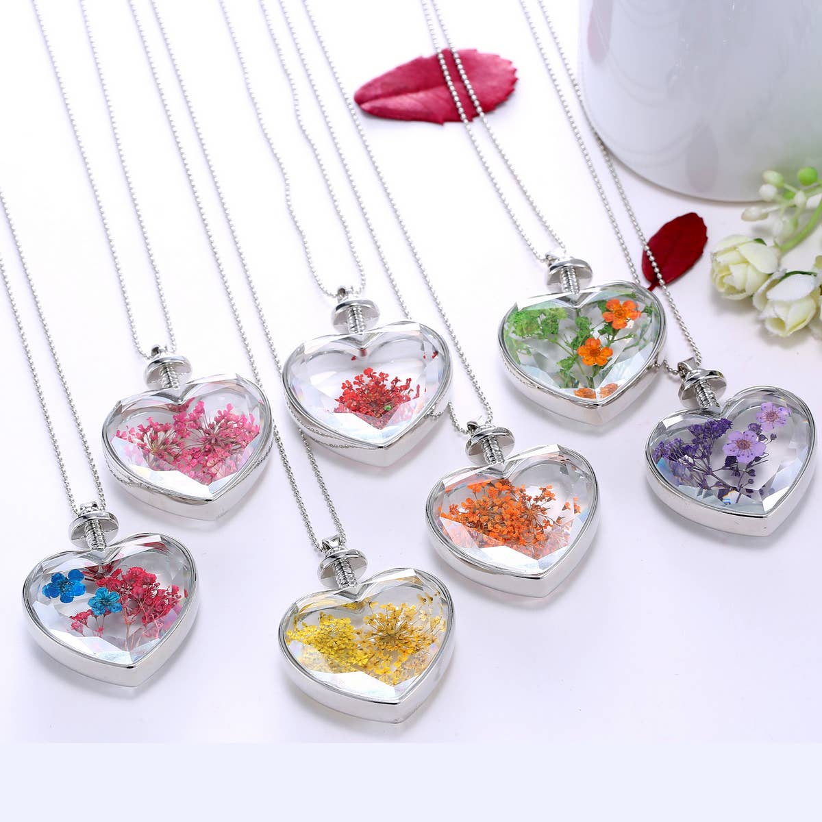 HEART CRYSTAL PLANT DRIED FLOWER NECKLACE