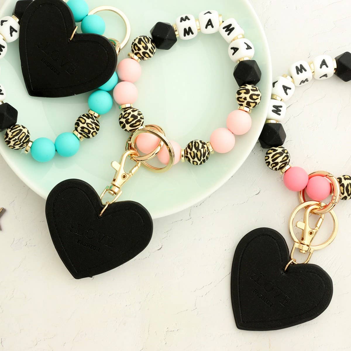 Leopard Print Silicone Bead Heart Bracelet Keychain_CWAB5018