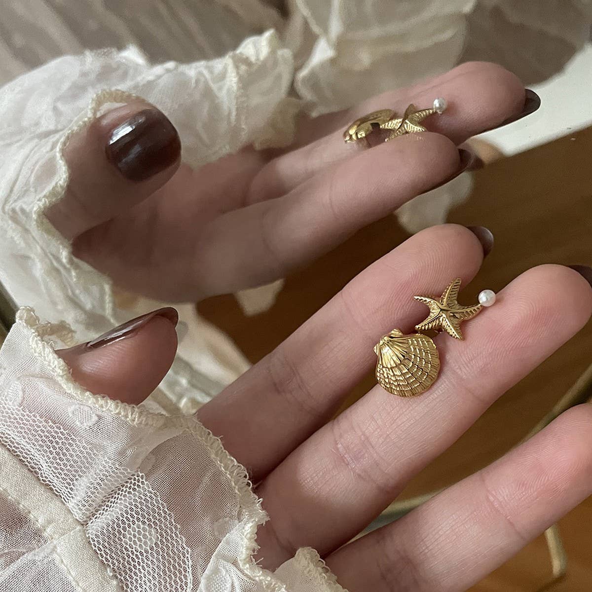 Gold Plated Ocean Star Pearl Asymmetric Earrings