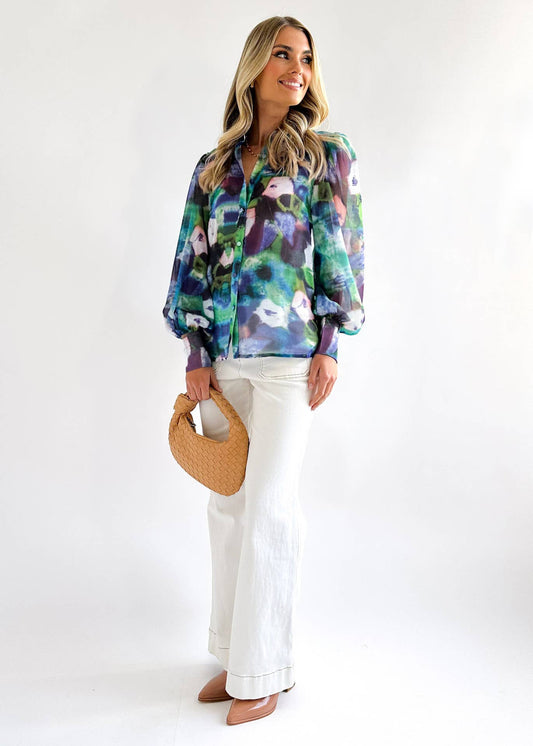 Tie-dye V-neck long-sleeved button-up shirt
