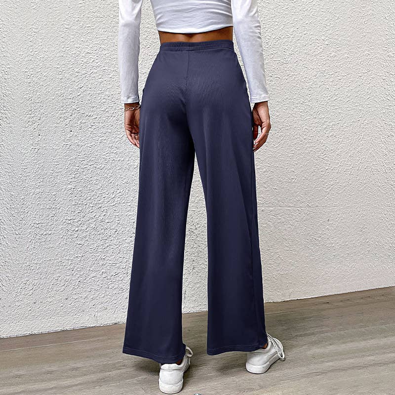 ELASTIC-WAISTED SOLID COLOR SLACKS WITH WIDE LEGS