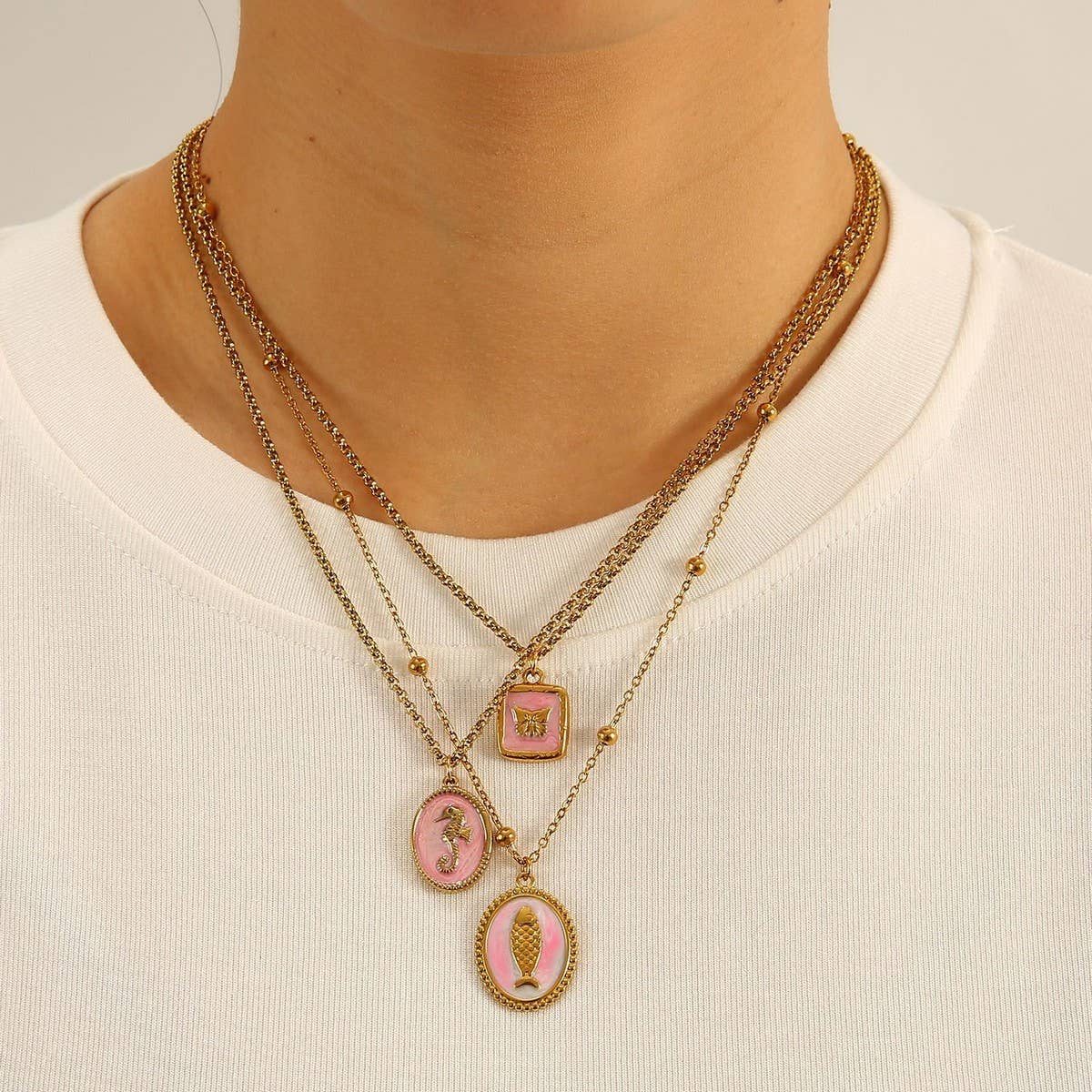 Ocean Style Steel Necklace with Shell & Fish_CWMM8834