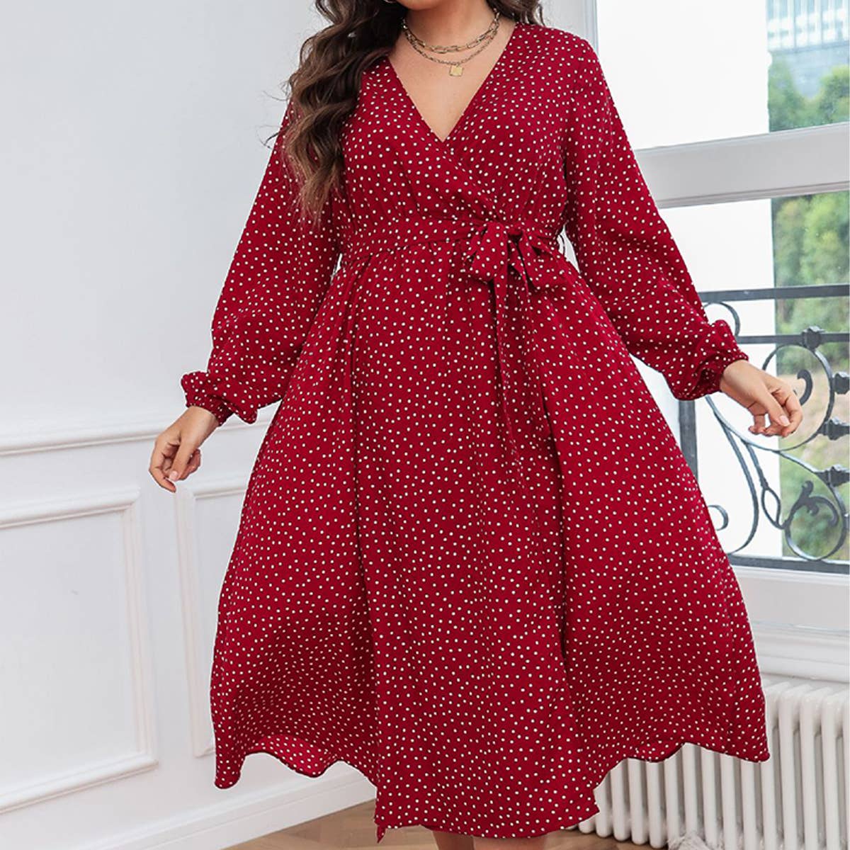 Elegant Polka Dot Red Maxi Dress for Fall