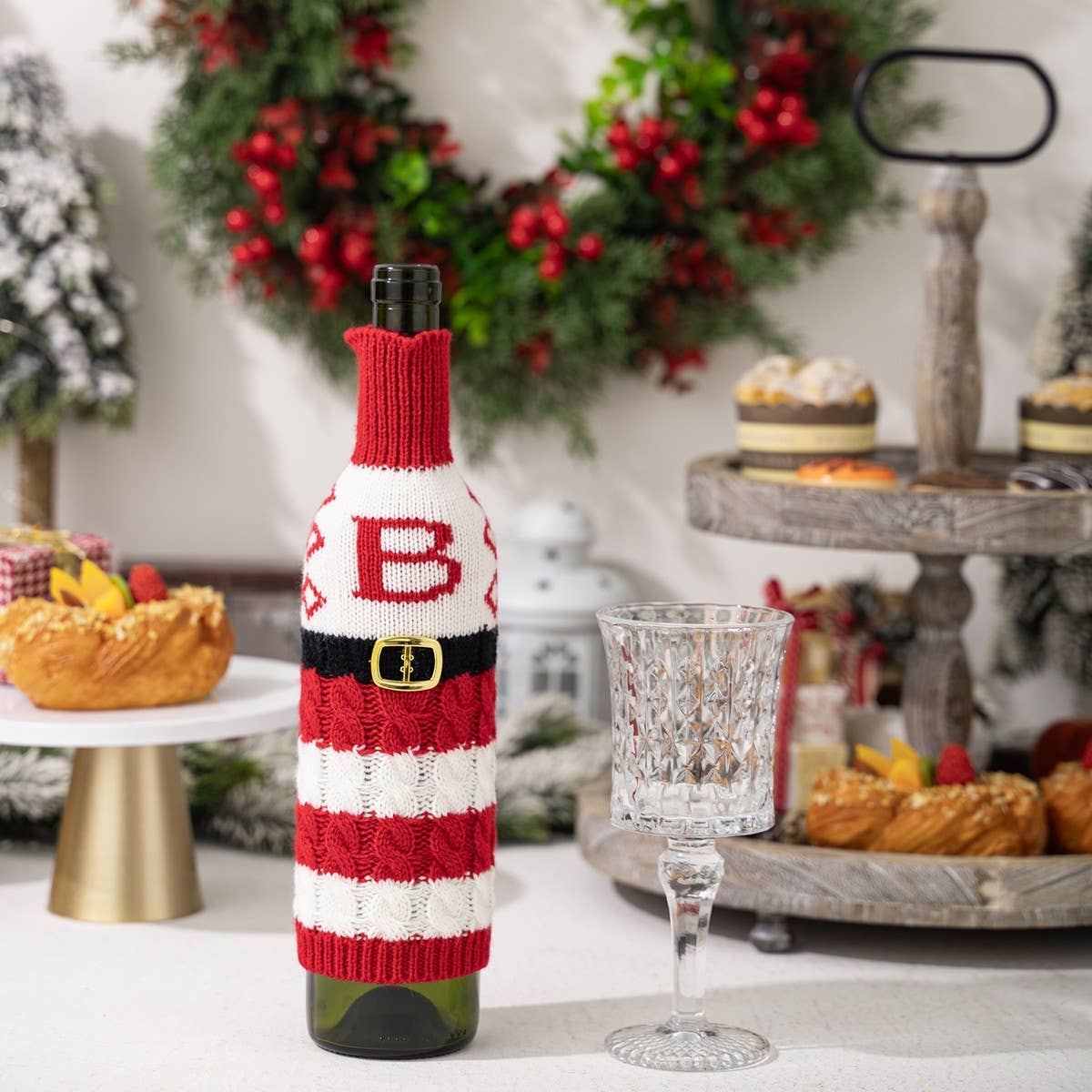 CWMM10337_KNITTED LETTER WINE BOTTLE COVER RED WHITE STRIPES