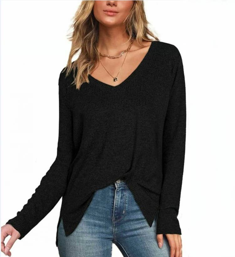 V-NECK LONG-SLEEVED SOLID COLOR PULLOVER BASE