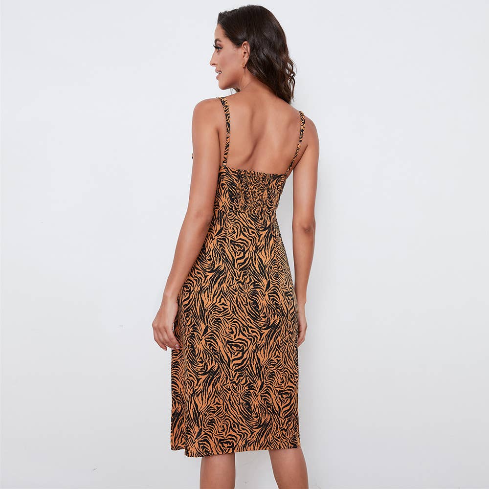 V-NECK HALTER PRINT ZEBRA-PRINT FRENCH DRESS