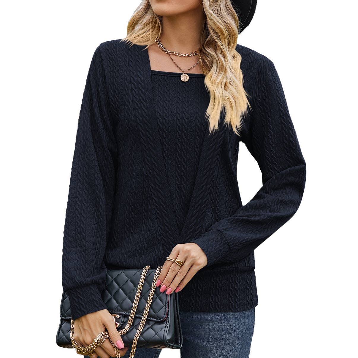 SQUARE NECK CROSS LONG SLEEVE LOOSE T-SHIRT