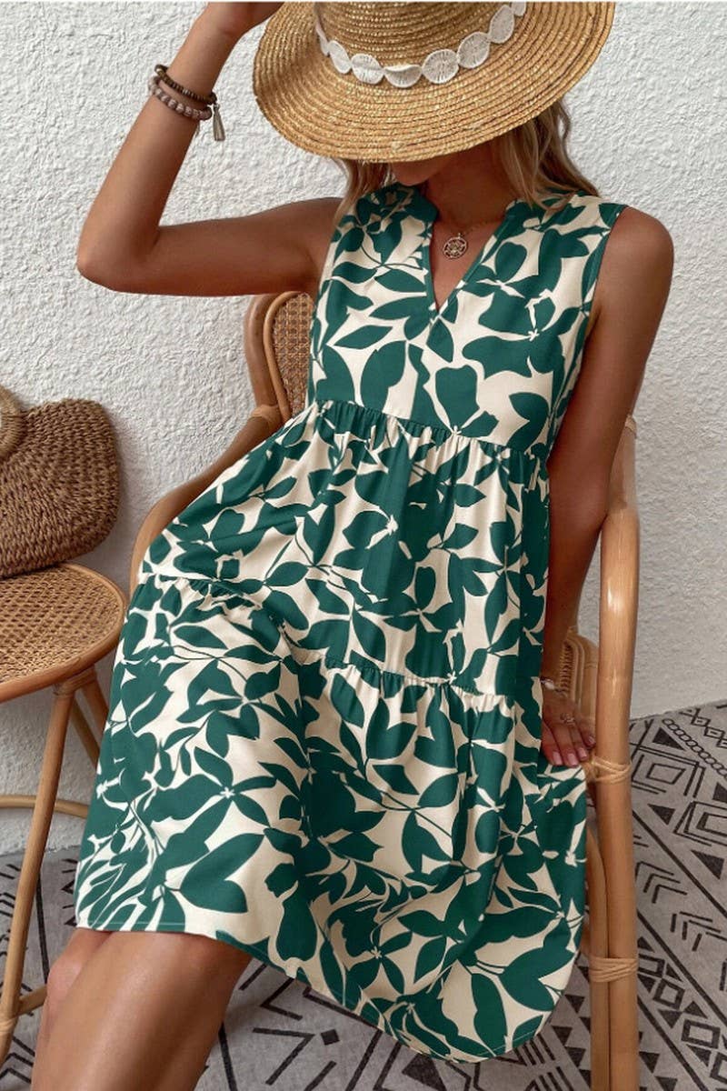CWDSD8560_PRINTED V-NECK SLEEVELESS TIERED DRESS