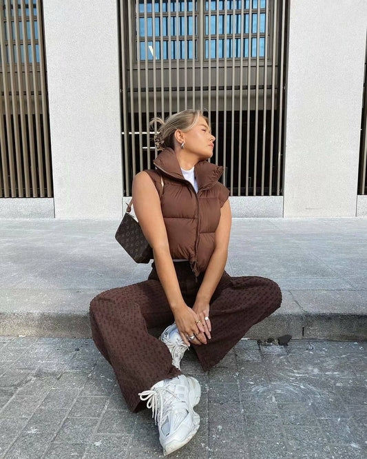 Solid-color short zipper stand-up collar vest