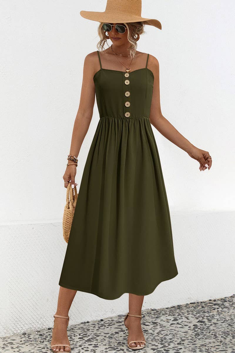 CWDSD4943_SOLID COLOR SUSPENDER BUTTON MIDI DRESS