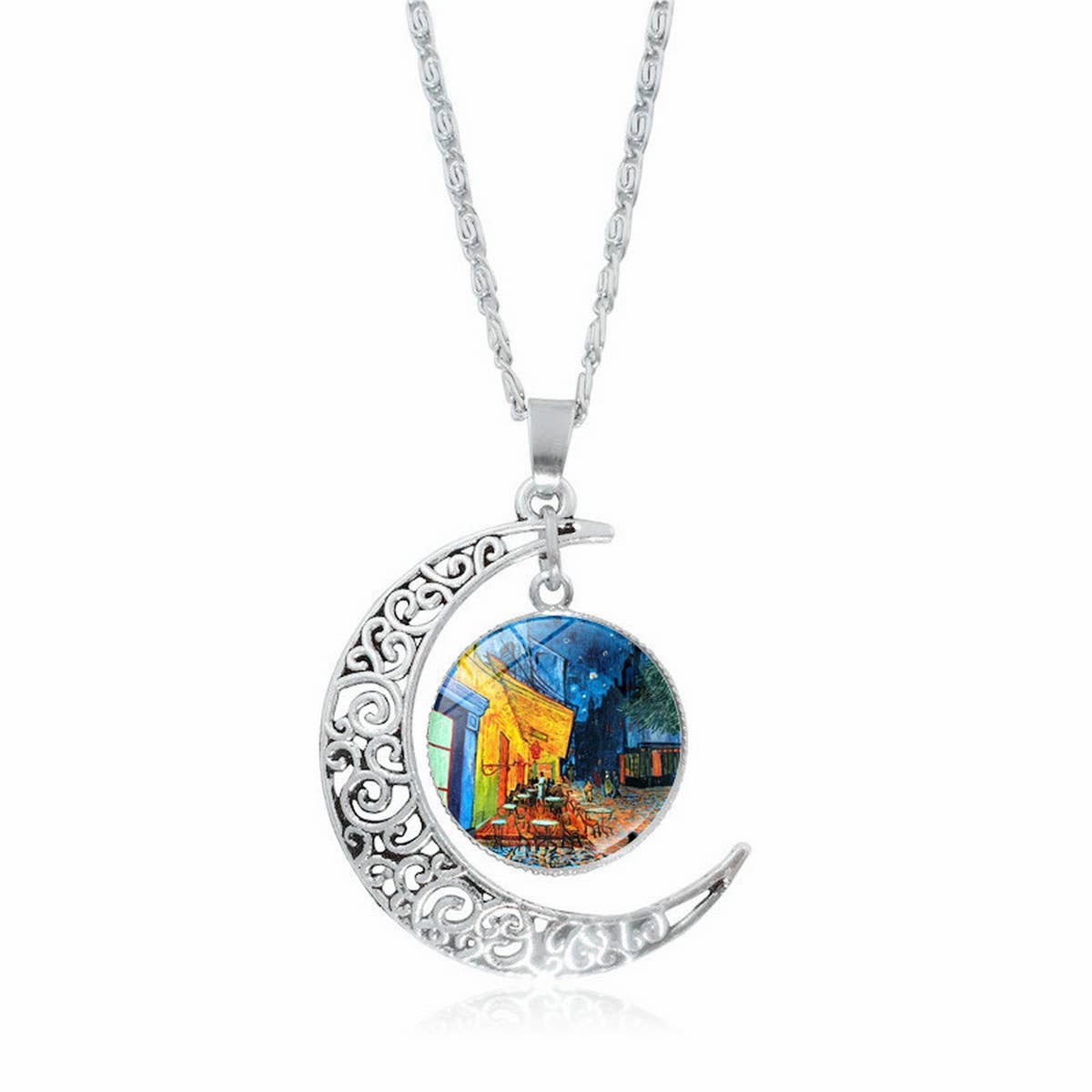 HOLLOW OUT MOON GEM PENDANT NECKLACE