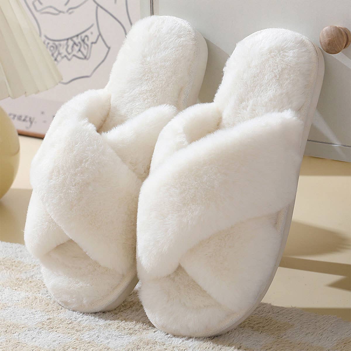 Cross style Faux rabbit fur slippers For Women