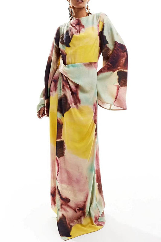 CWDMD5475_PLEATED PRINTED TRUMPET SLEEVE MAXI DRESS