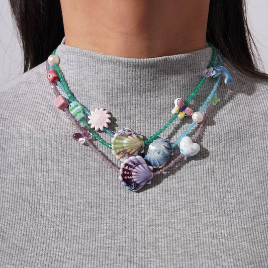 Unique Boho Glass Shell and Crystal Necklace