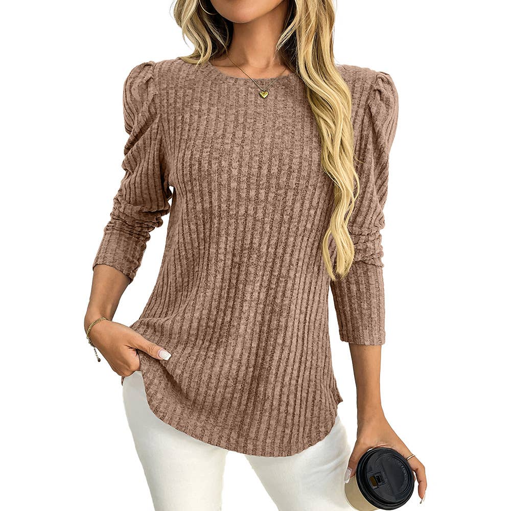 Round-neck puffed-sleeve brushed striped T-shirt