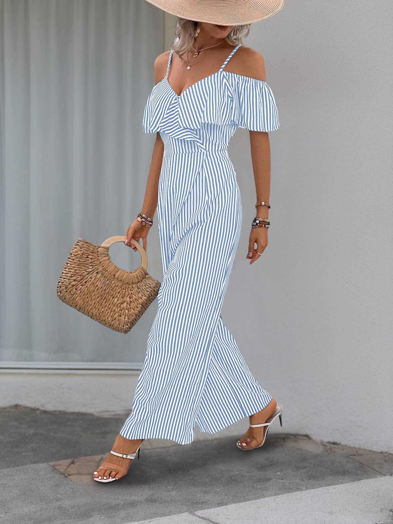Long, wide-leg rompers with striped straps