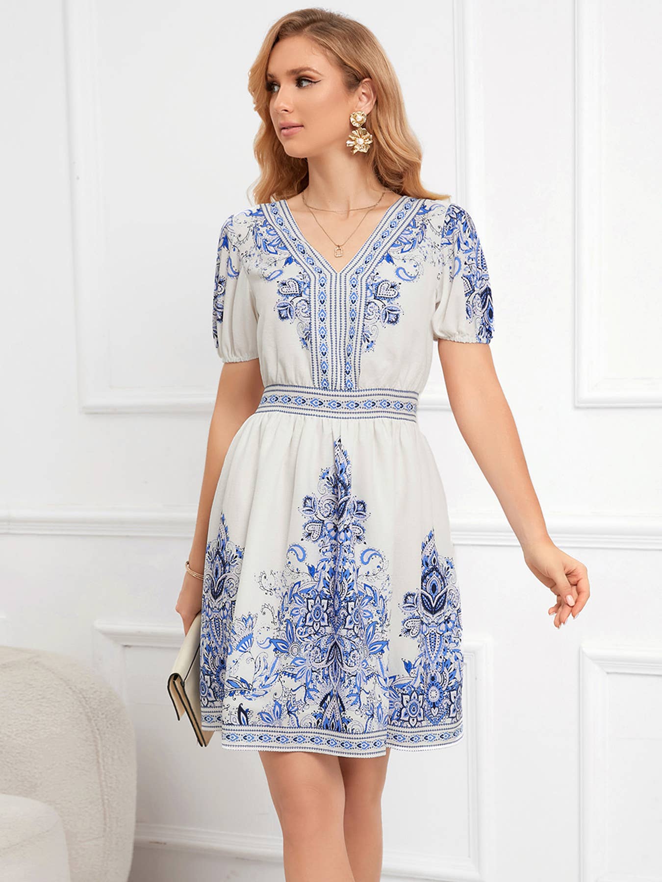 Ethnic style printed V-neck waistline short dress