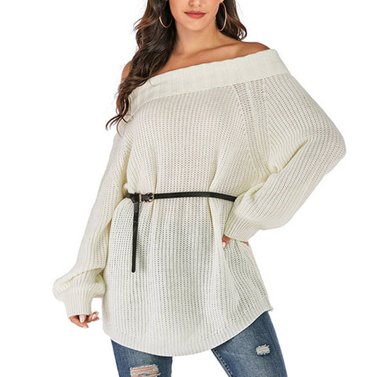 BAT-SLEEVED LINE-NECK SOLID COLOR BASE SWEATER