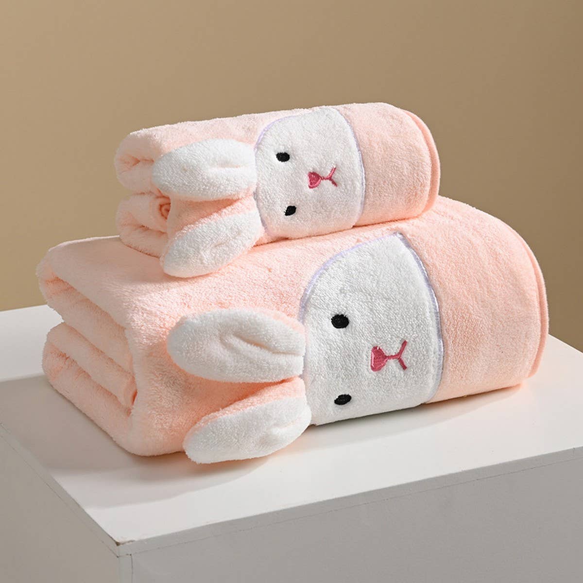 EMBROIDERED RABBIT CORAL FLEECE TOWEL
