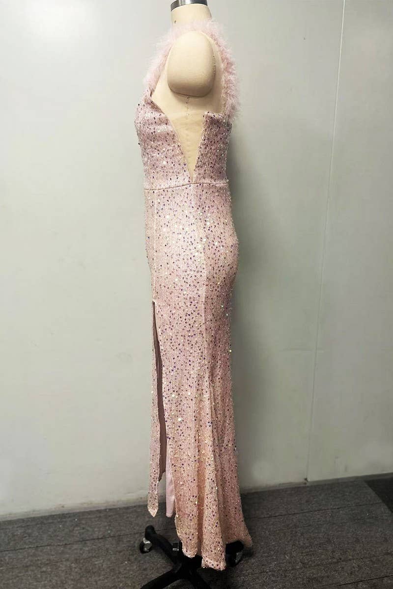 CWDMD5430_ELEGANT SEQUIN FEATHER TRIM RED FORMAL MAXI DRESS