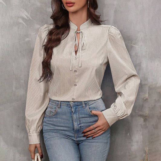 Half-Neck Pullover Long-Sleeved Striped Shirt