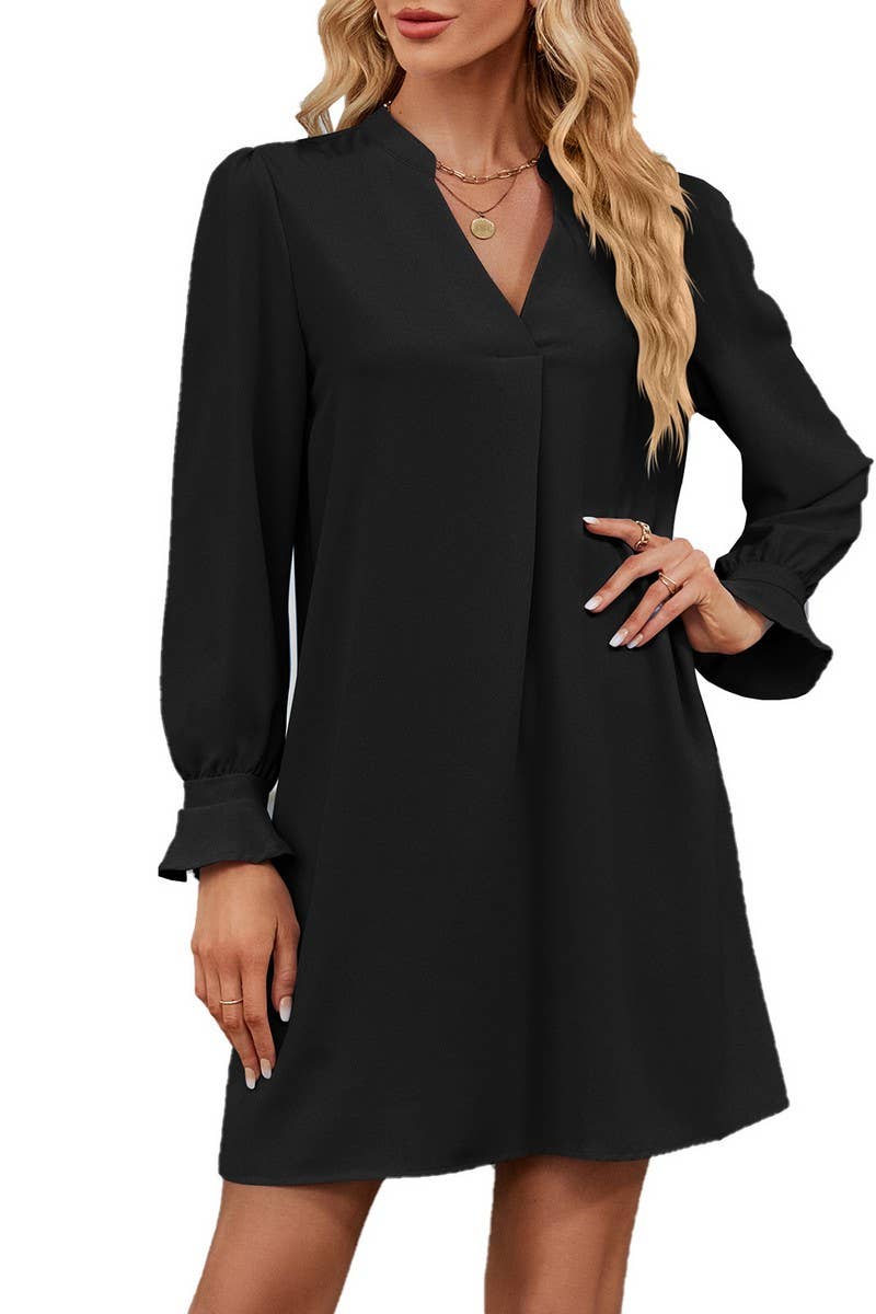 CWDSD6379_SOLID COLOR V-NECK RUFFLED LONG-SLEEVED DRESS