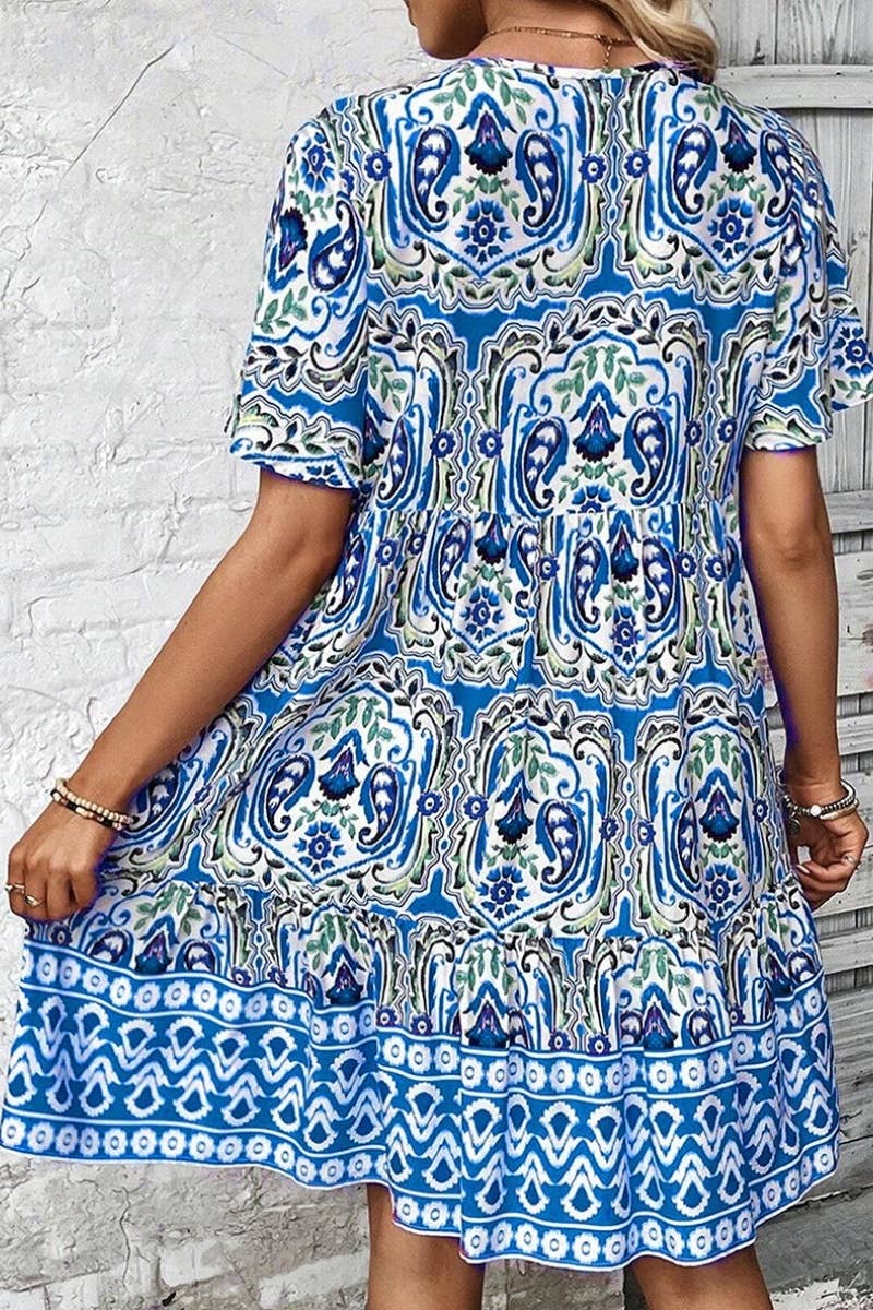 CWDSD4887_V-NECK SHORT SLEEVE BOHO PRINT DRESS SHORT