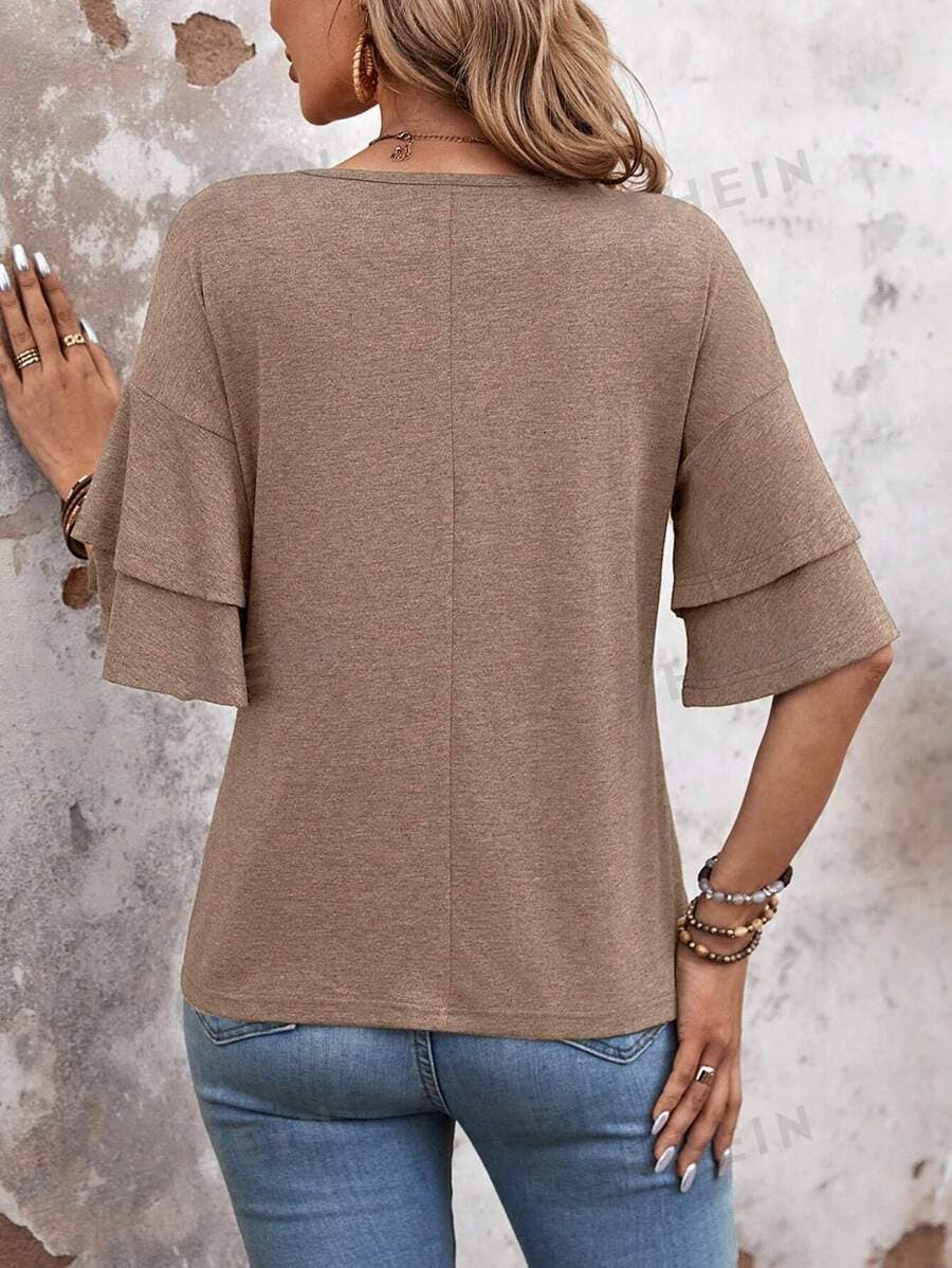 SOLID COLOR V-NECK DOUBLE-SLEEVED BAGGY BLOUSE
