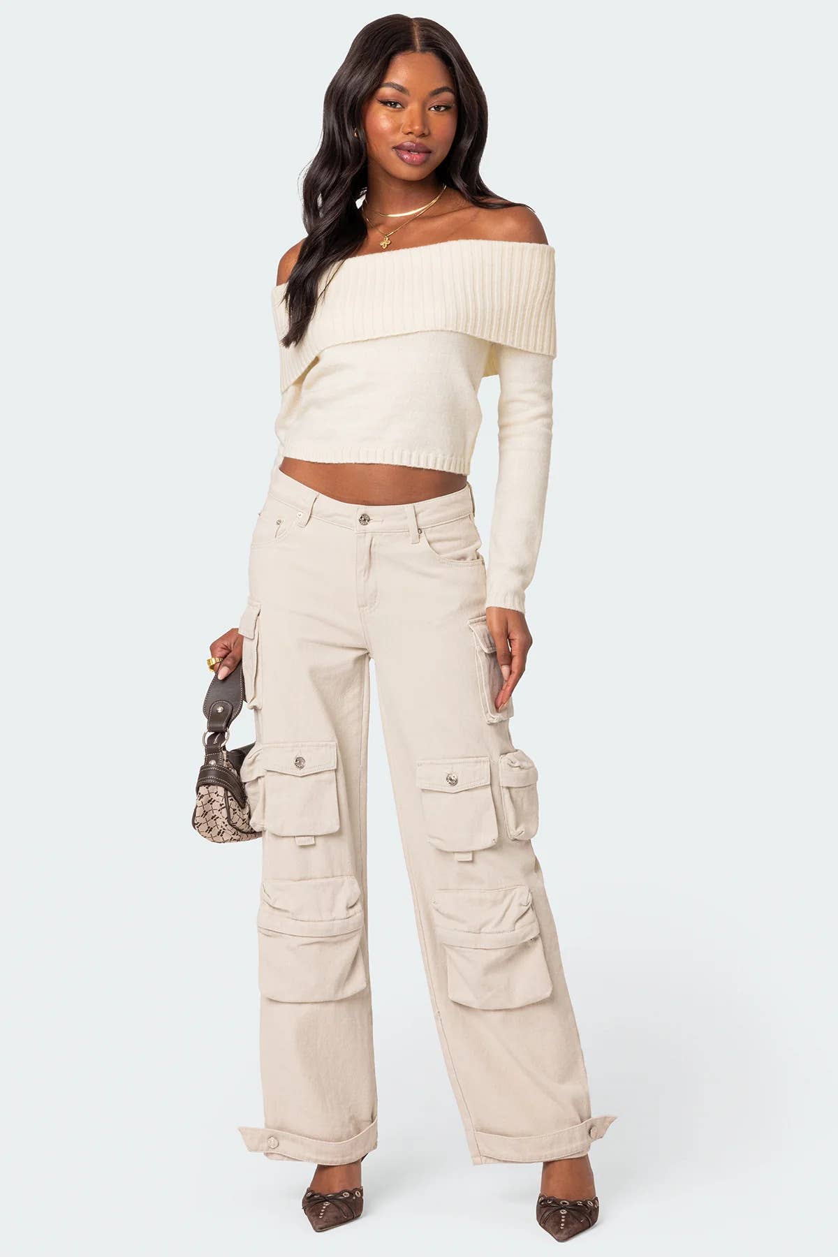 Solid-colored one-neck long-sleeved sweater