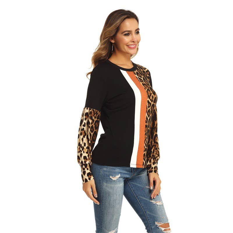 LEOPARD PRINT COLOR PATCHWORK ROUND NECK TOP