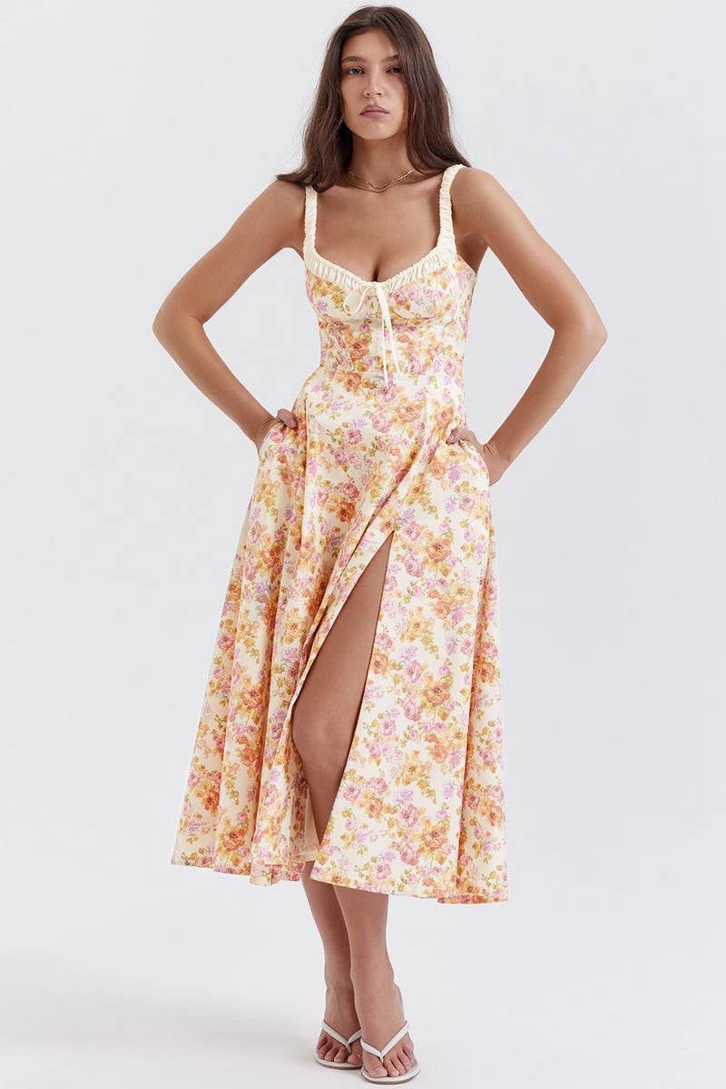 CWDMD5631_RUFFLED FLORAL SLIT SLING MIDI DRESS