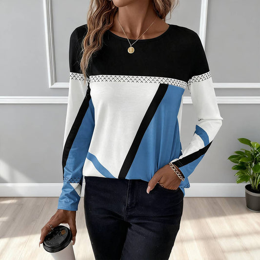 Round-neck color-blocking geometric print top