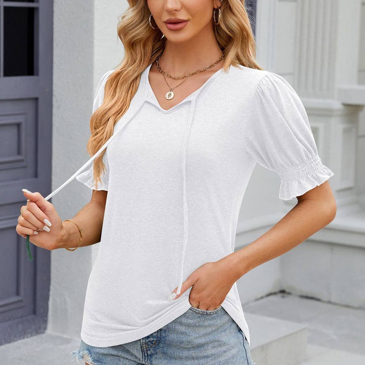 V-neck drawstring pleated loose fitting T-shirt