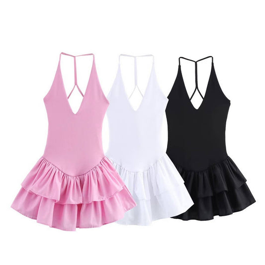 Solid Color V-Neck Halter Patchwork Dress_CWDHL0984