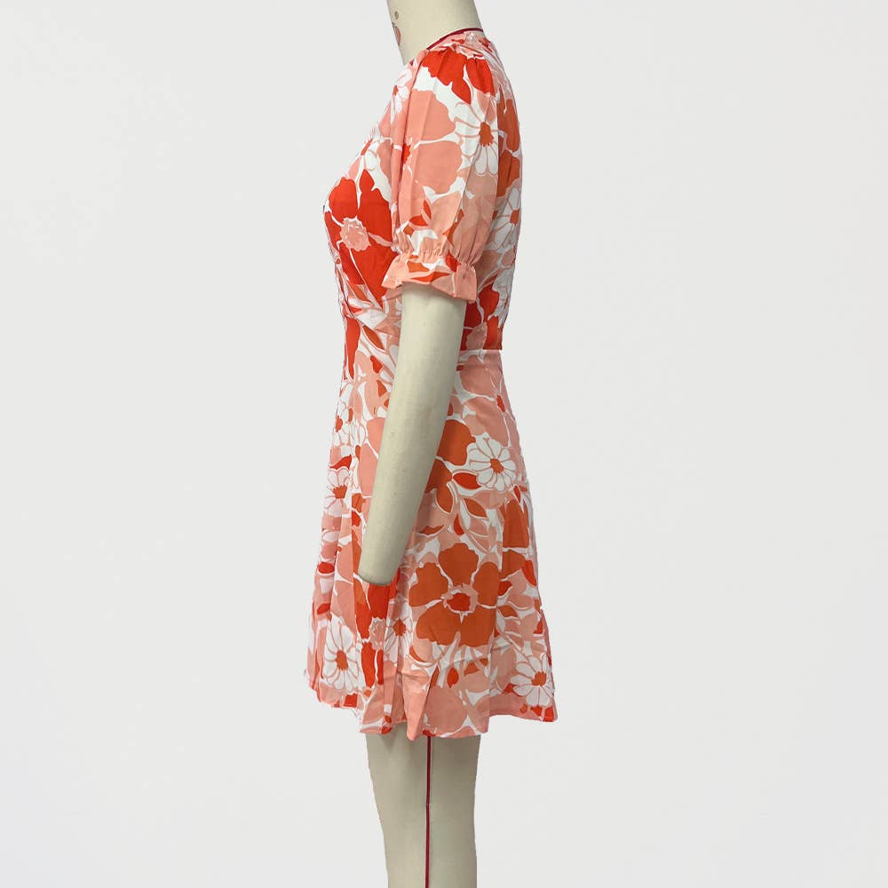 V-NECK PRINTED WAIST SKIRT DRESS