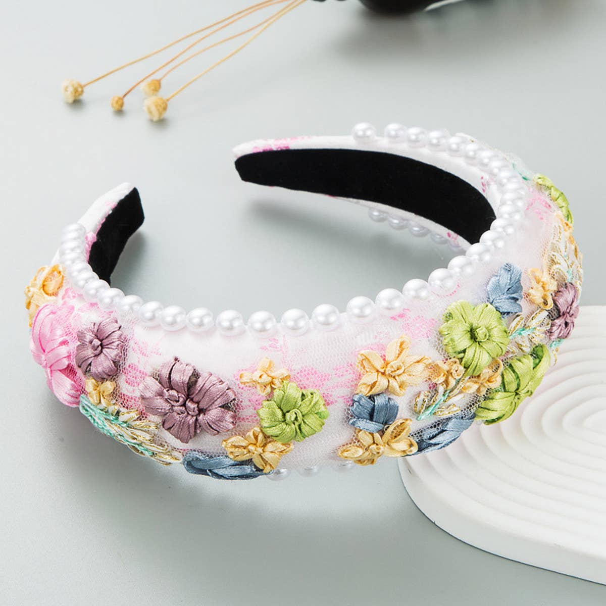 PASTORAL SPONGE PEARL FABRIC WOVEN FLOWER HEADBAND_CWAHA2115