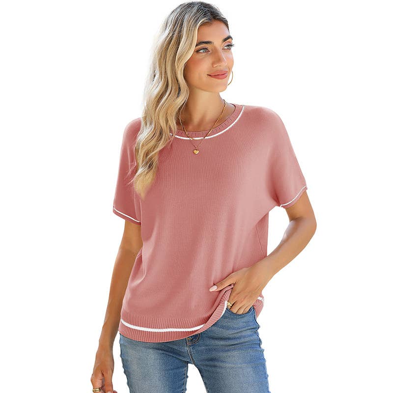 Round-neck,short-sleeved, color-blocked sweater