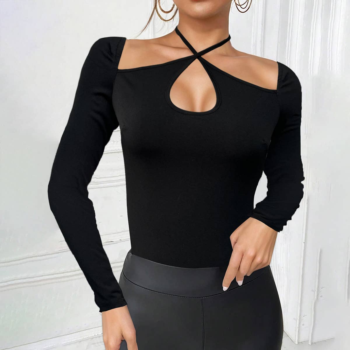 Sexy chest cross-cut solid color long sleeve Top