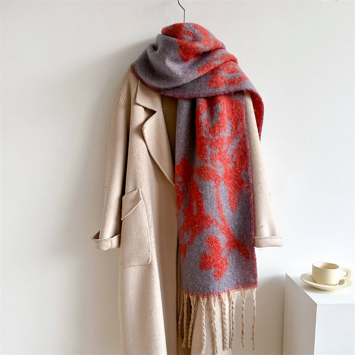 Rose Tassel Scarf - Colorblock Long Winter Wrap